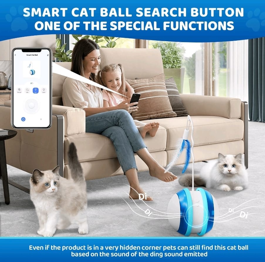 Interactive smart cat toy,latest 360 degree self-rotating ball , app control intelligent cat ball, pet toy with light and feather for indoor cat/small dog