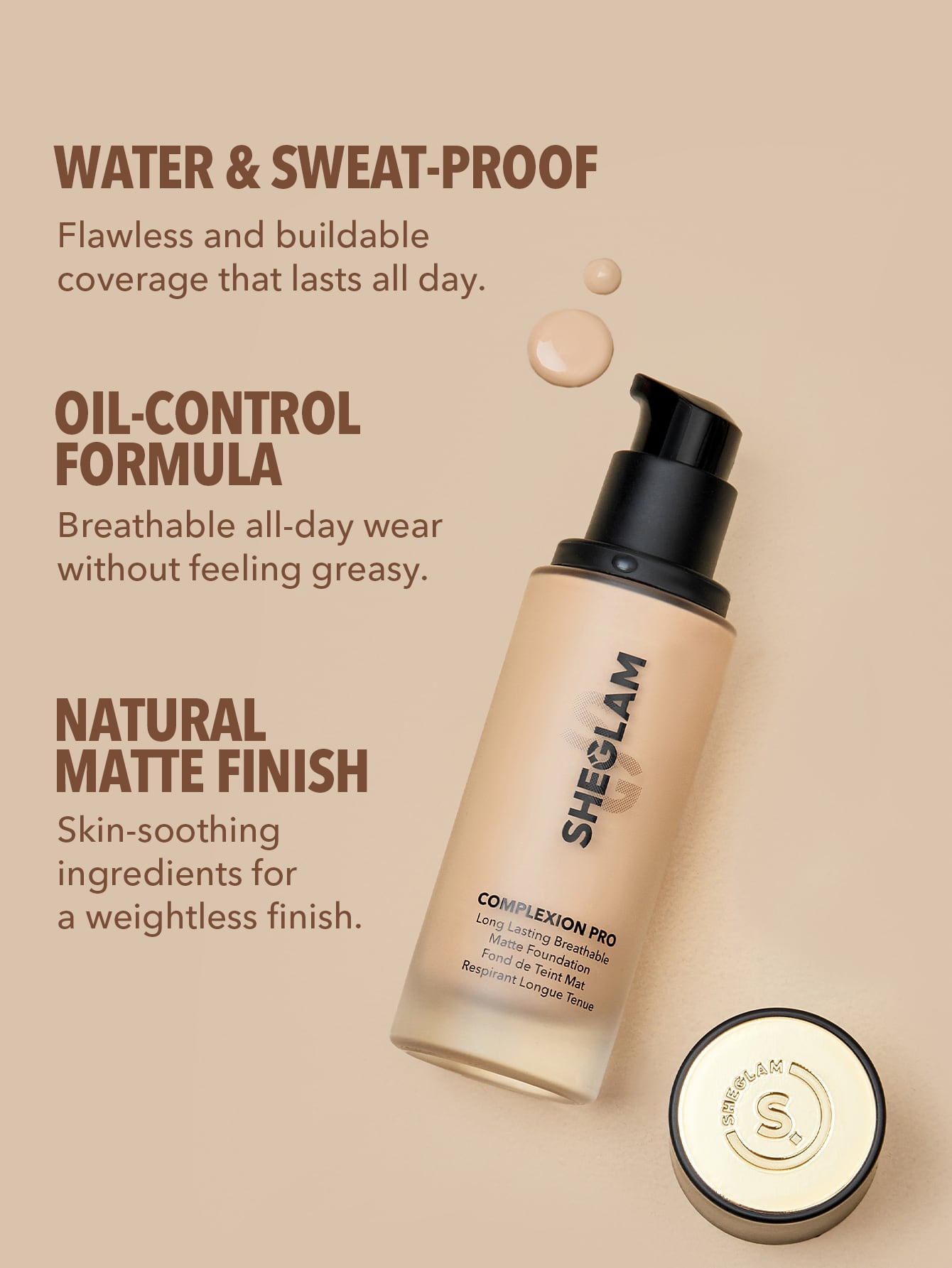 SHEGLAM Complexion Pro Long Lasting Breathable Matte Foundation Sample-Porcelain Matte Sweatproof Foundation Oil Control Full Coverage Poreless Concealer Waterproof Flawless Non-Fading Weightless Liquid Foundation