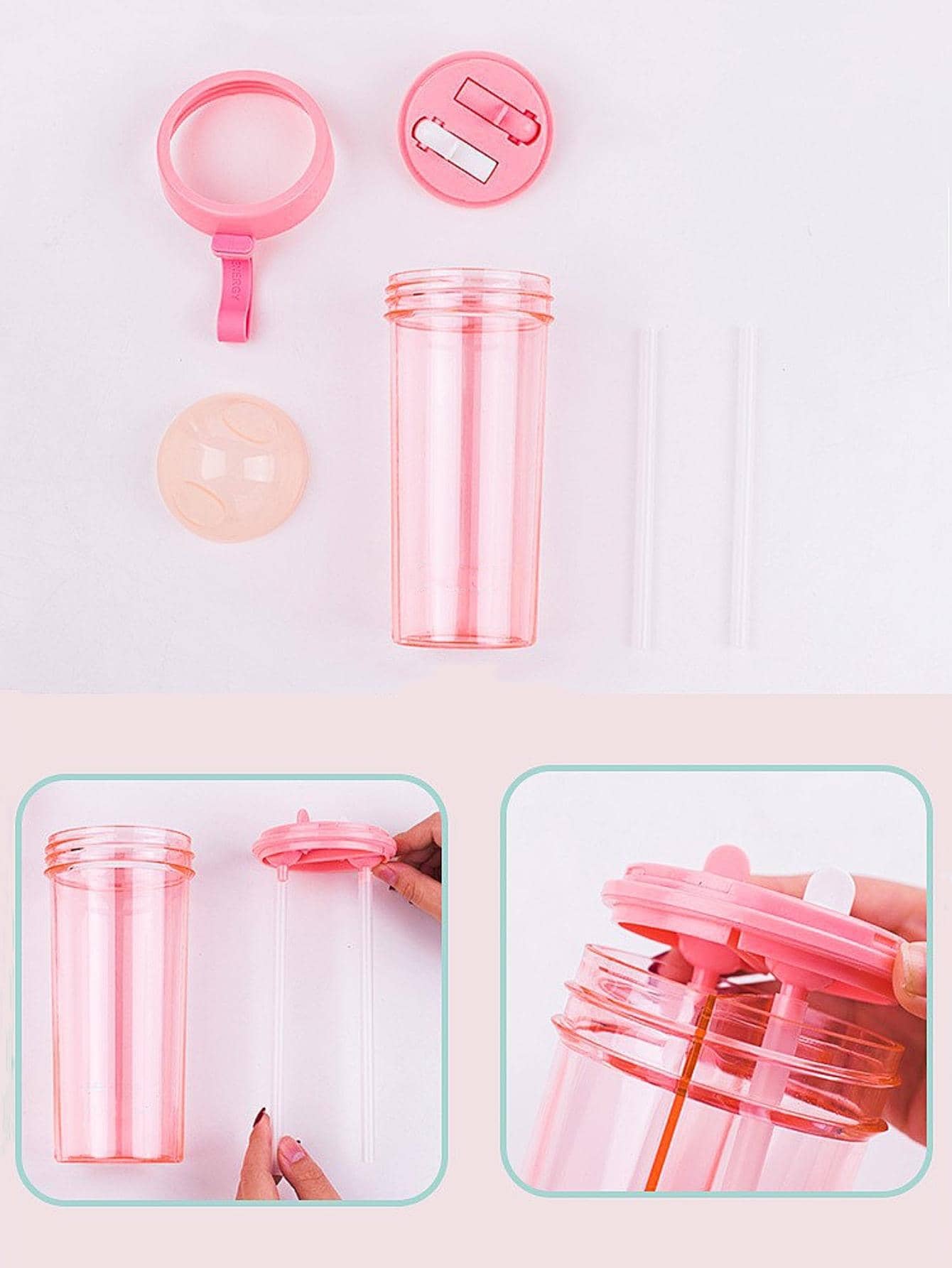 1pc Plastic Drinking Bottle With Two Straws, Creative Dual-Use Clear Portable Water Bottle For Outdoor