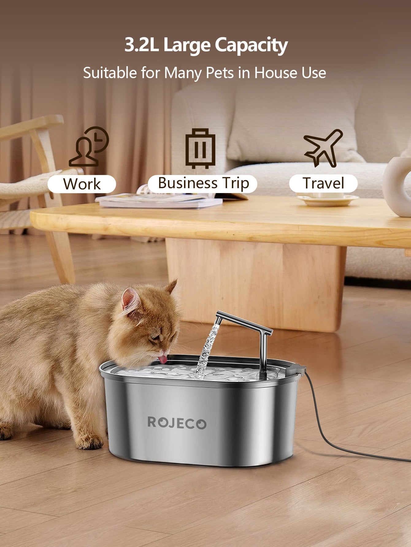 ROJECO Stainless Steel Pet Water Fountain With 3.2l Capacity And Smart Running Track