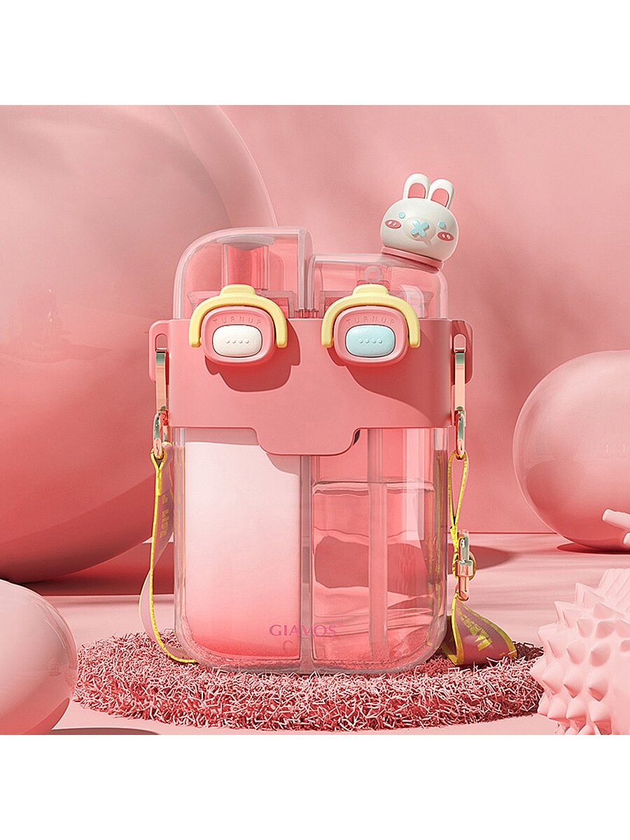 Macaron Colored Portable Children's Water Bottle With Straw, Cartoon Plastic Cup With Compartment For Students