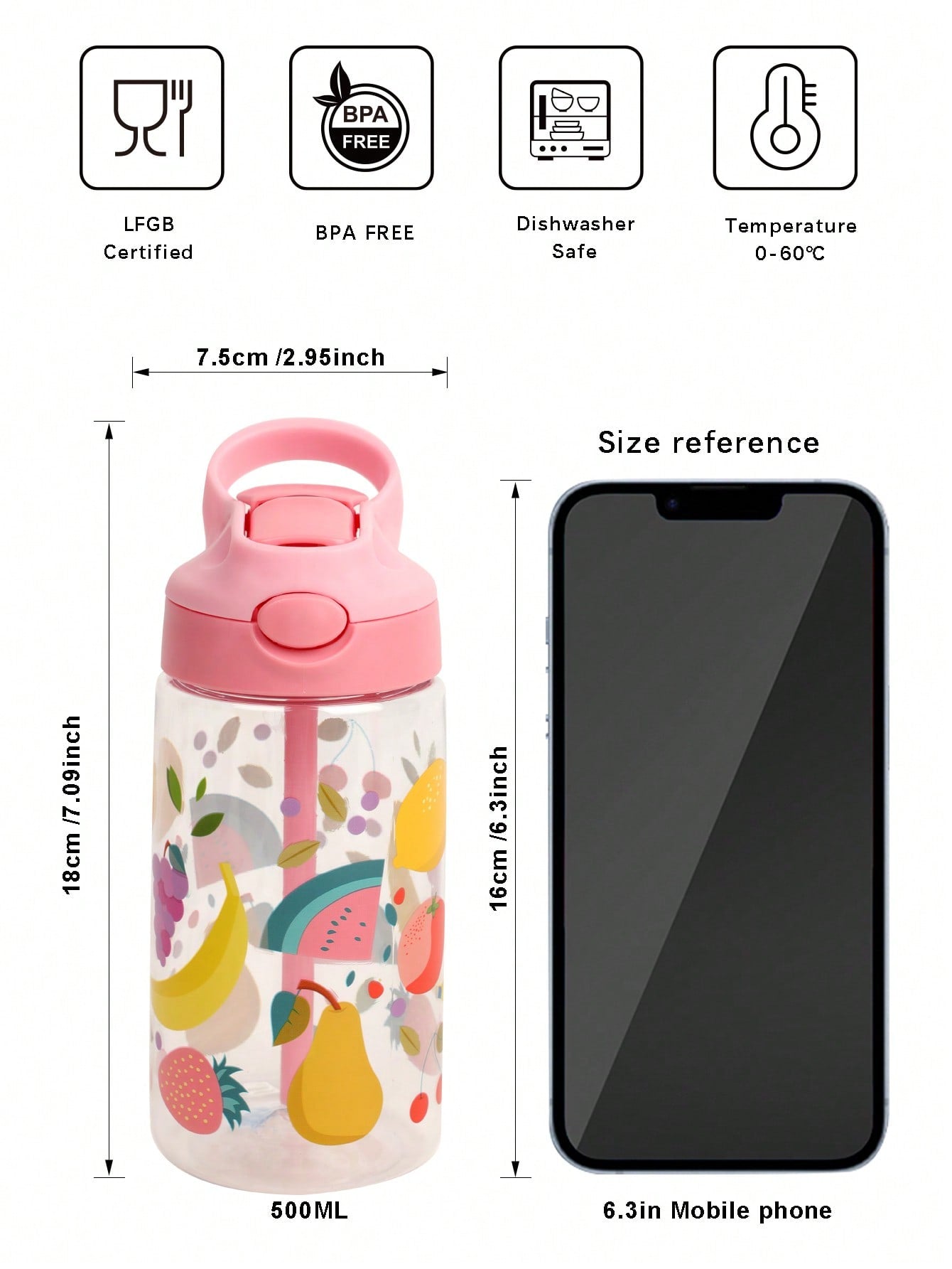 1pc 500ml BPA Free Water Bottle with Cult Cartoon Patterns and Straw for Kids Back To School, Sports