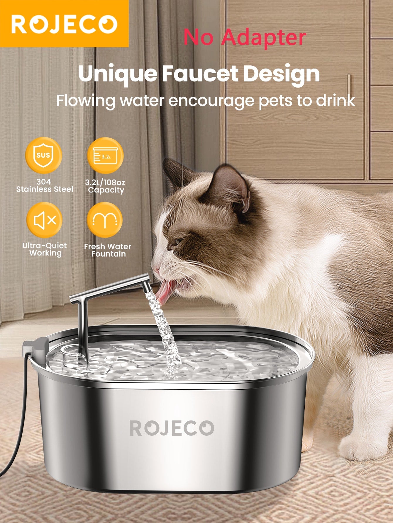 ROJECO Stainless Steel Pet Water Fountain With 3.2l Capacity And Smart Running Track