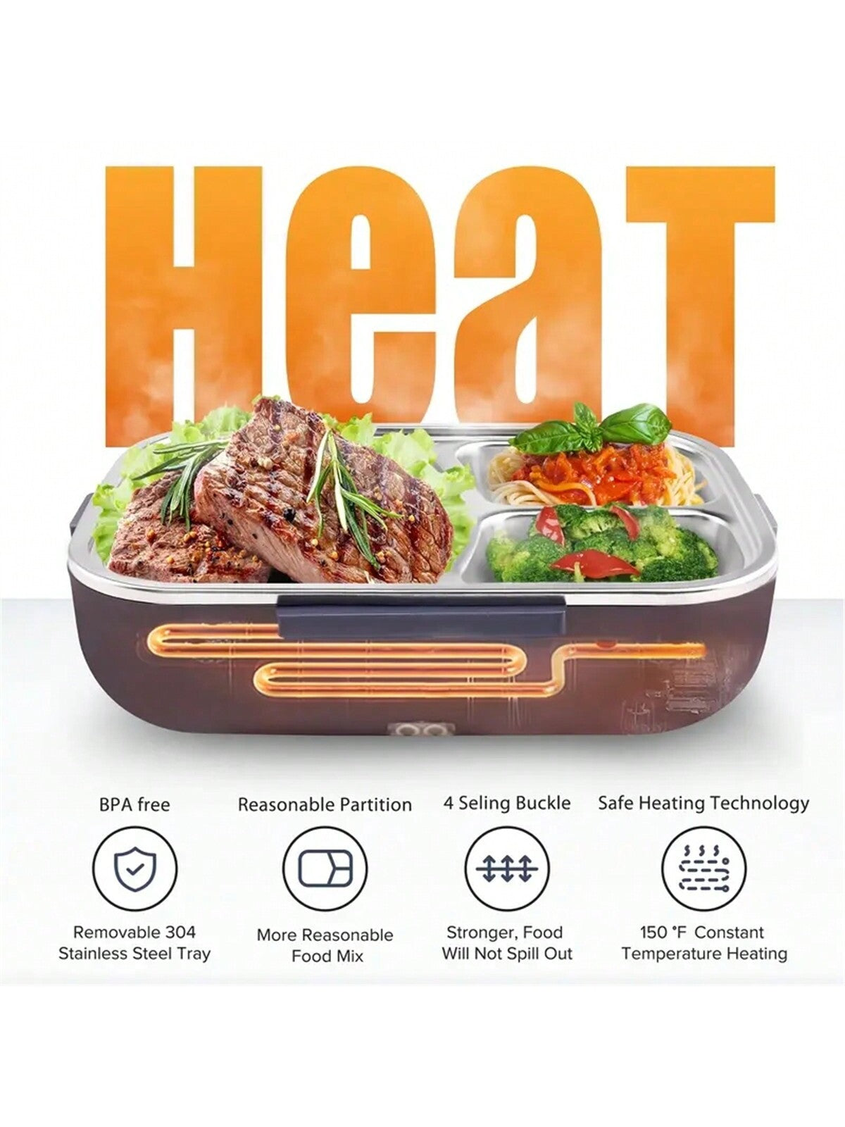 1pc Portable Electric Lunch Box Food Warmer, 12v/24v For Car/truck And 110v For Home/office, With Detachable 304 Stainless Steel Container, Spoon, Fork And Carrying Bag