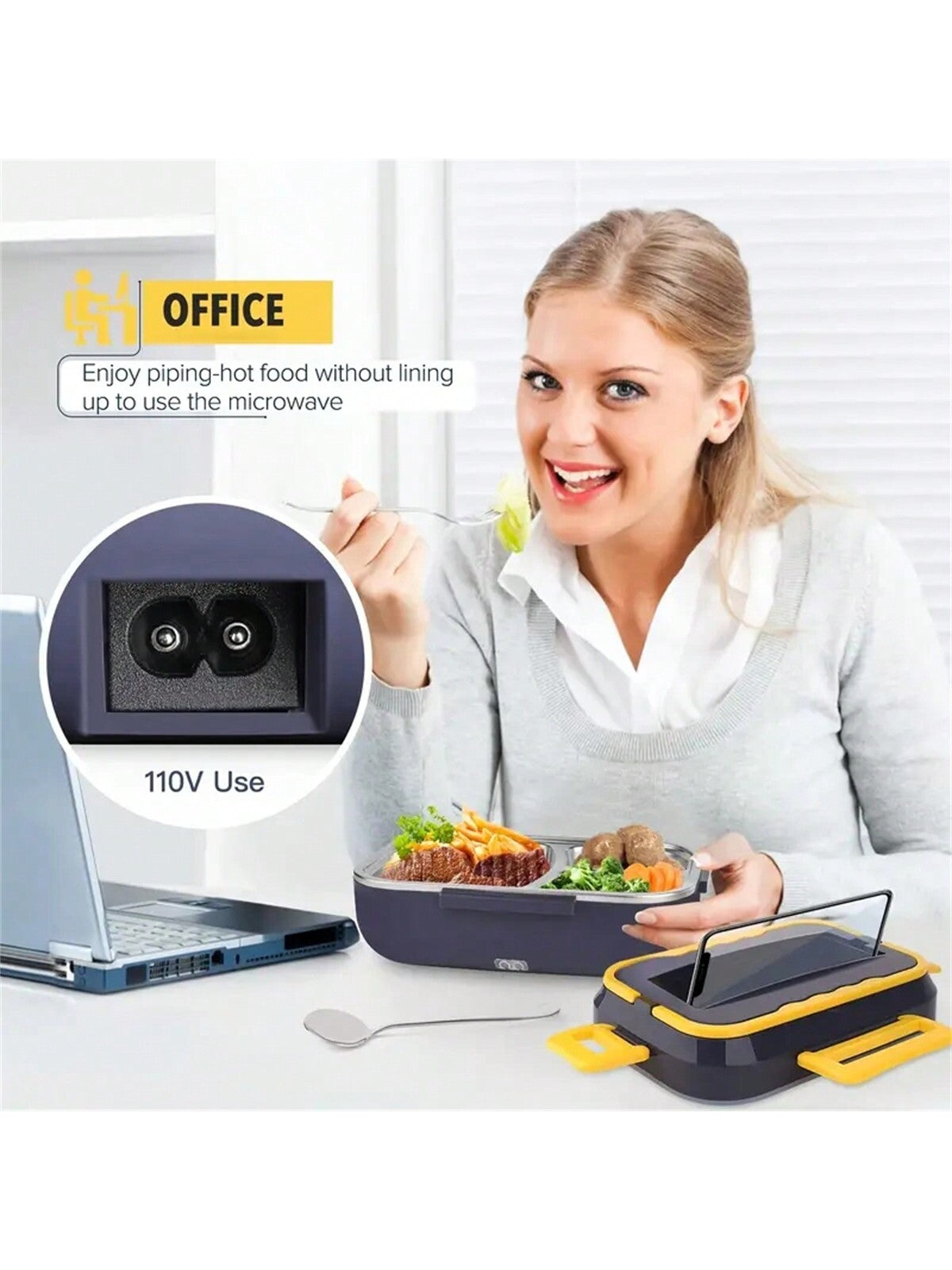 1pc Portable Electric Lunch Box Food Warmer, 12v/24v For Car/truck And 110v For Home/office, With Detachable 304 Stainless Steel Container, Spoon, Fork And Carrying Bag
