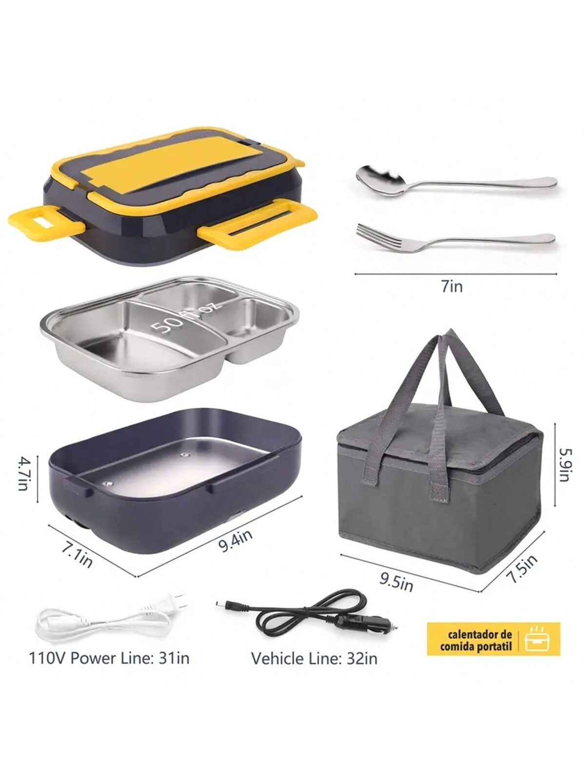 1pc Portable Electric Lunch Box Food Warmer, 12v/24v For Car/truck And 110v For Home/office, With Detachable 304 Stainless Steel Container, Spoon, Fork And Carrying Bag