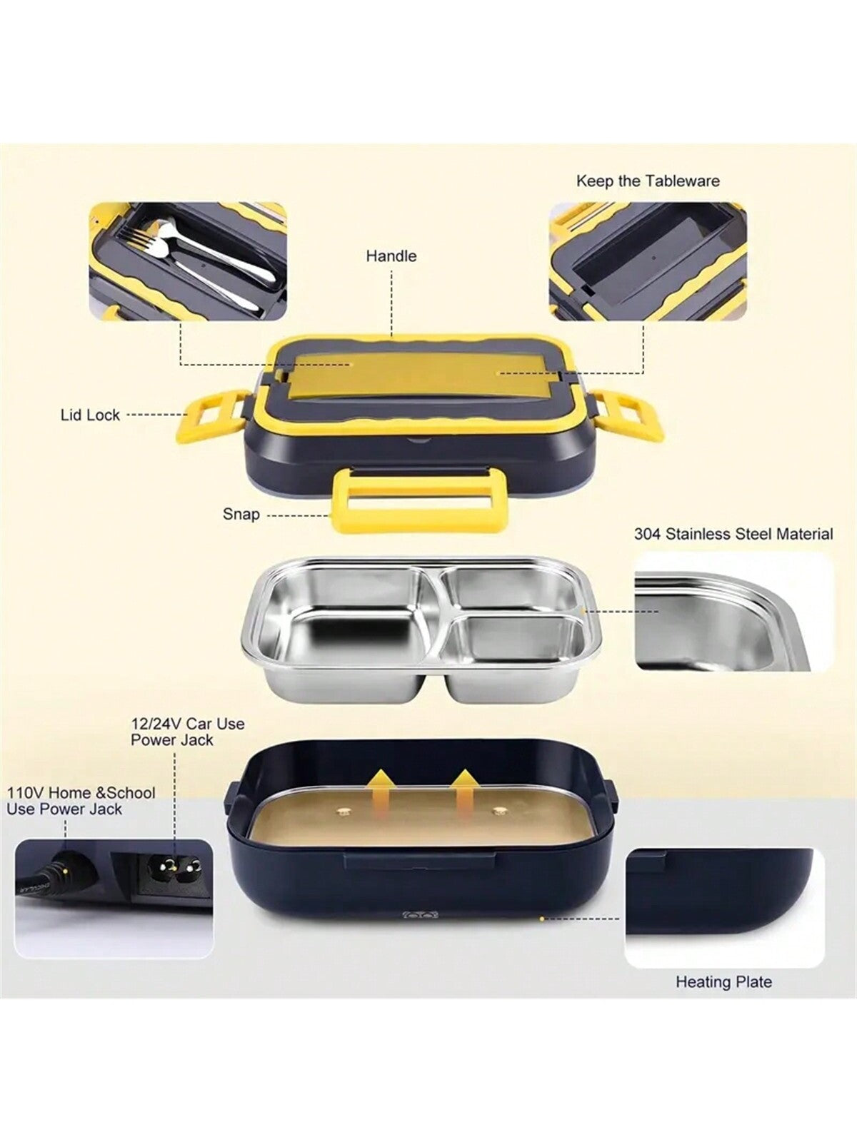 1pc Portable Electric Lunch Box Food Warmer, 12v/24v For Car/truck And 110v For Home/office, With Detachable 304 Stainless Steel Container, Spoon, Fork And Carrying Bag