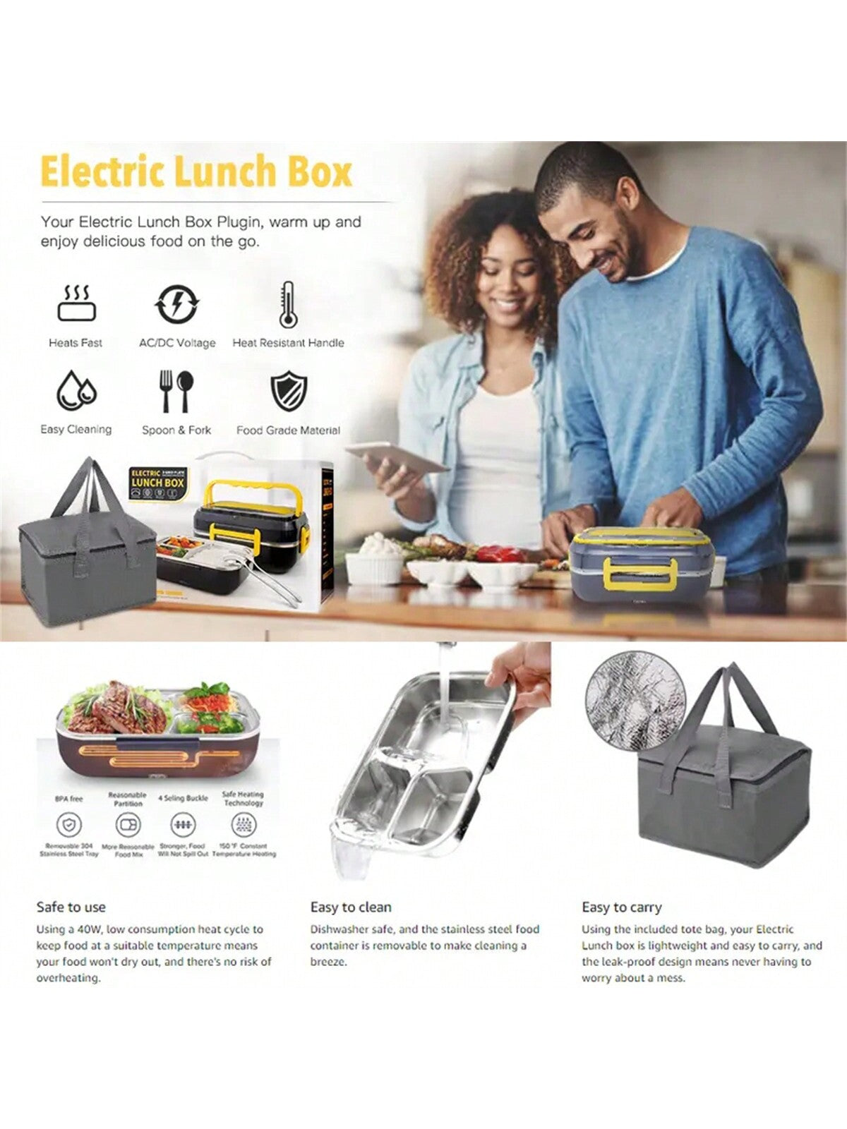 1pc Portable Electric Lunch Box Food Warmer, 12v/24v For Car/truck And 110v For Home/office, With Detachable 304 Stainless Steel Container, Spoon, Fork And Carrying Bag