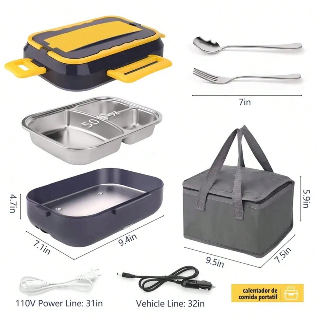 1pc Portable Electric Lunch Box Food Warmer, 12v/24v For Car/truck And 110v For Home/office, With Detachable 304 Stainless Steel Container, Spoon, Fork And Carrying Bag