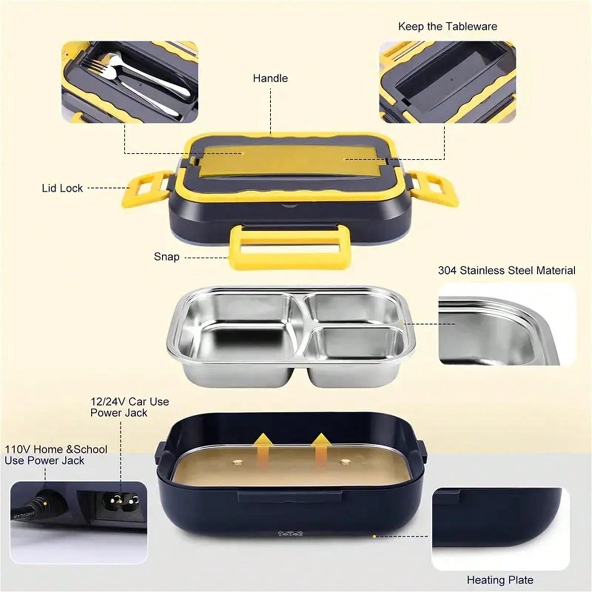 1pc Portable Electric Lunch Box Food Warmer, 12v/24v For Car/truck And 110v For Home/office, With Detachable 304 Stainless Steel Container, Spoon, Fork And Carrying Bag