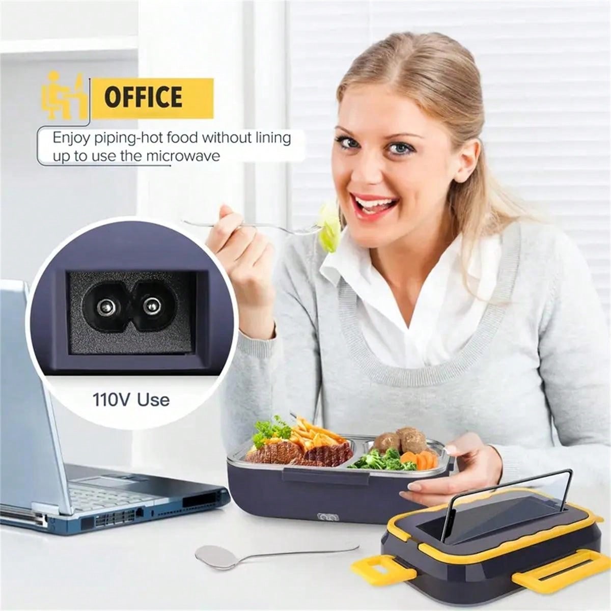 1pc Portable Electric Lunch Box Food Warmer, 12v/24v For Car/truck And 110v For Home/office, With Detachable 304 Stainless Steel Container, Spoon, Fork And Carrying Bag