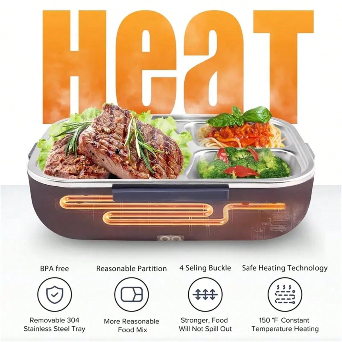 1pc Portable Electric Lunch Box Food Warmer, 12v/24v For Car/truck And 110v For Home/office, With Detachable 304 Stainless Steel Container, Spoon, Fork And Carrying Bag