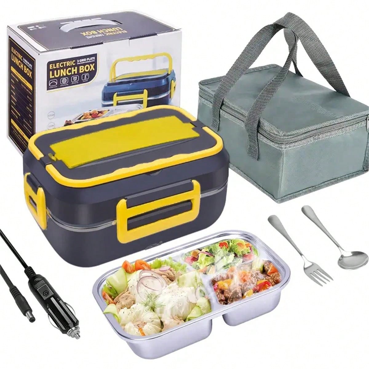 1pc Portable Electric Lunch Box Food Warmer, 12v/24v For Car/truck And 110v For Home/office, With Detachable 304 Stainless Steel Container, Spoon, Fork And Carrying Bag