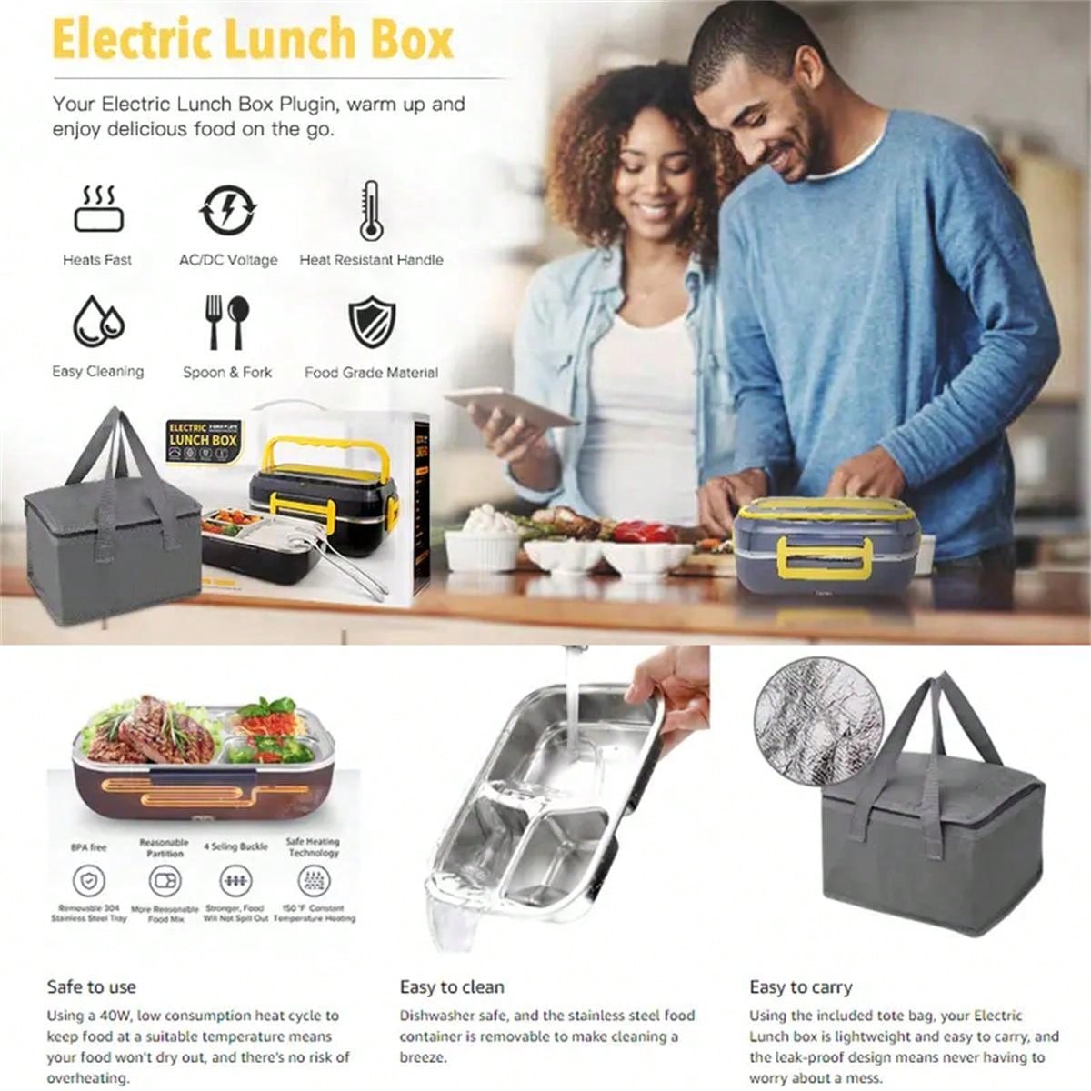 1pc Portable Electric Lunch Box Food Warmer, 12v/24v For Car/truck And 110v For Home/office, With Detachable 304 Stainless Steel Container, Spoon, Fork And Carrying Bag
