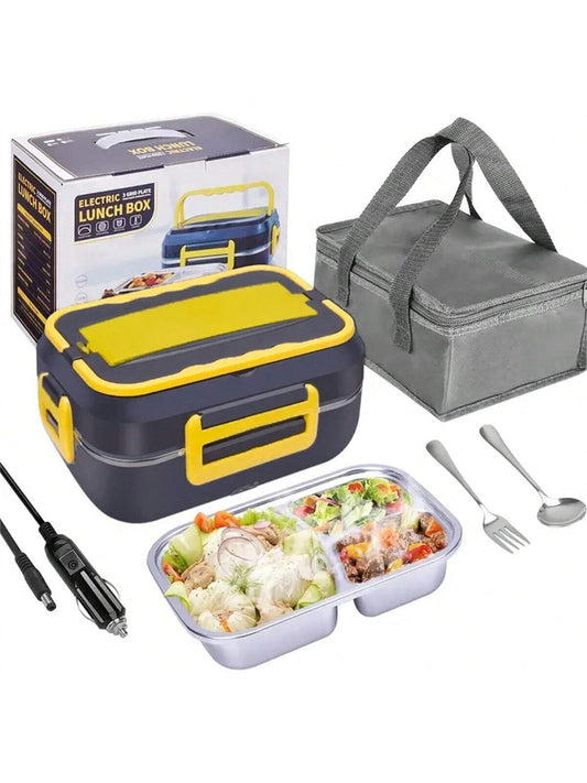 1pc Portable Electric Lunch Box Food Warmer, 12v/24v For Car/truck And 110v For Home/office, With Detachable 304 Stainless Steel Container, Spoon, Fork And Carrying Bag