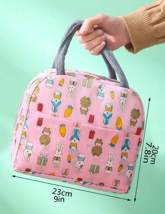 1pc Cartoon Graphic Lunch Bag, Cartoon Rabbit & Carrot Print Insulated Lunch Bag For School, Office, For Easter Storage
