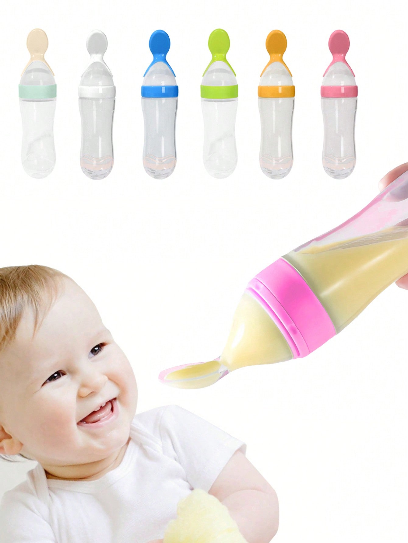 1pc Baby Food Dispensing Squeeze Spoon, Infant Silicone Feeding Bottle, Soft Spoon With Dust Cover For Grains And Puree