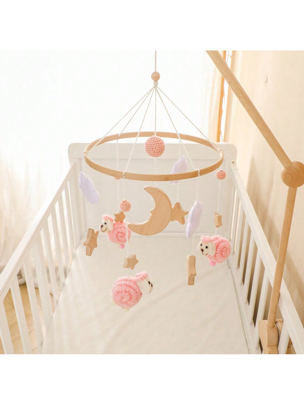1pc Baby Pink Sheep & Stars Mobile For Crib, Nordic Style Baby Room Decorative Wooden Mobile To Prevent Myopia & Improve Hand-Eye Coordination, Suitable For Baby Room Decoration