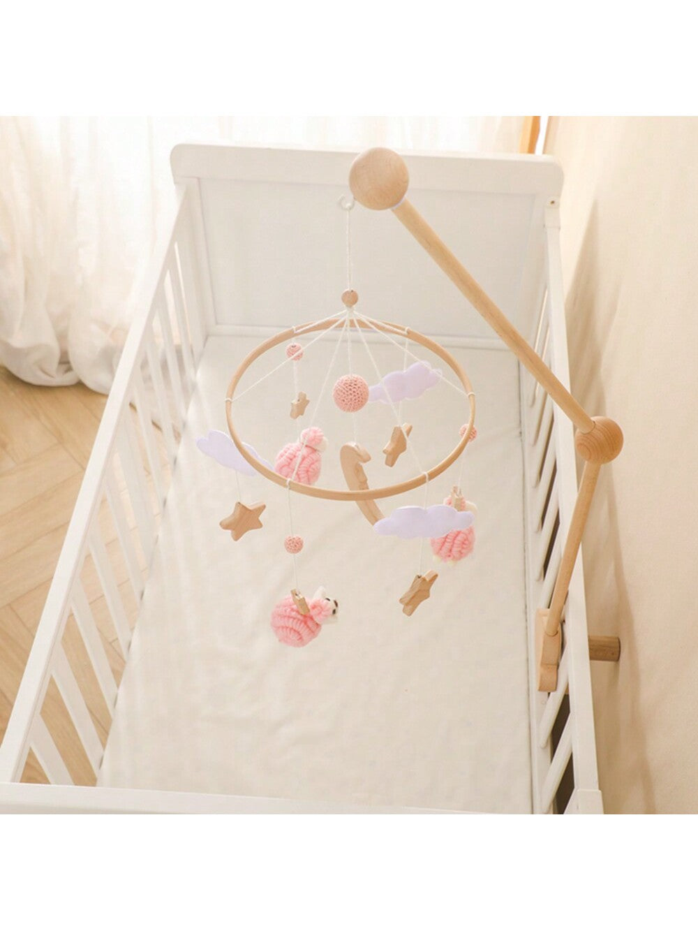 1pc Baby Pink Sheep & Stars Mobile For Crib, Nordic Style Baby Room Decorative Wooden Mobile To Prevent Myopia & Improve Hand-Eye Coordination, Suitable For Baby Room Decoration