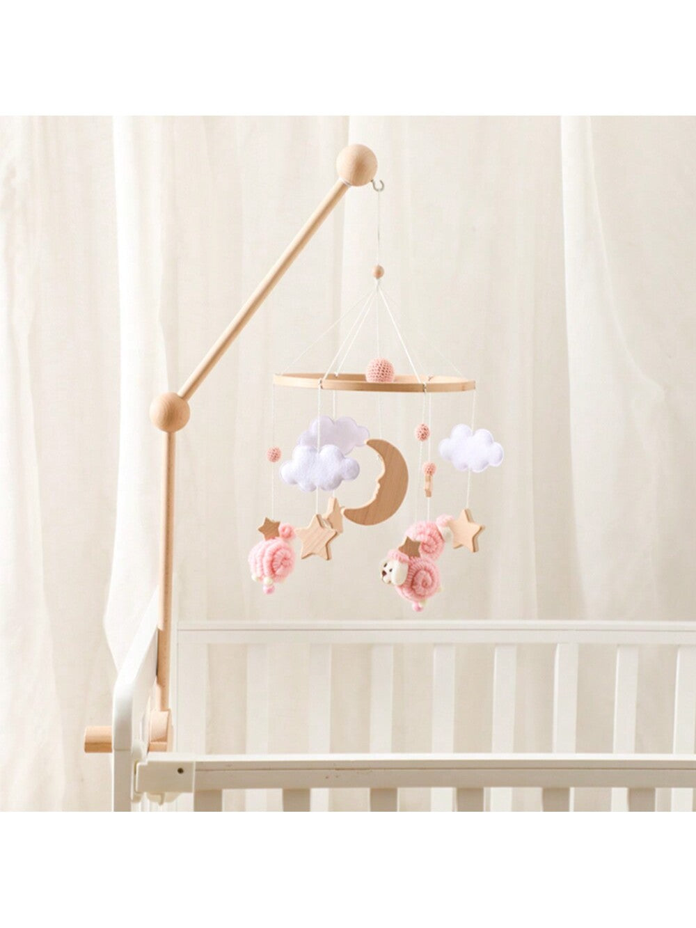 1pc Baby Pink Sheep & Stars Mobile For Crib, Nordic Style Baby Room Decorative Wooden Mobile To Prevent Myopia & Improve Hand-Eye Coordination, Suitable For Baby Room Decoration