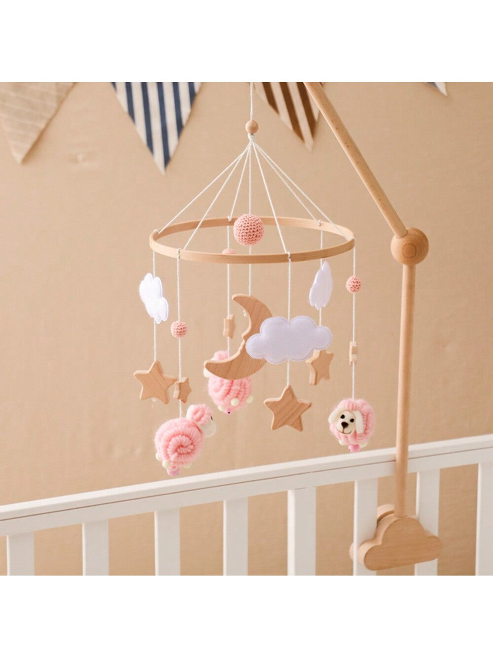 1pc Baby Pink Sheep & Stars Mobile For Crib, Nordic Style Baby Room Decorative Wooden Mobile To Prevent Myopia & Improve Hand-Eye Coordination, Suitable For Baby Room Decoration