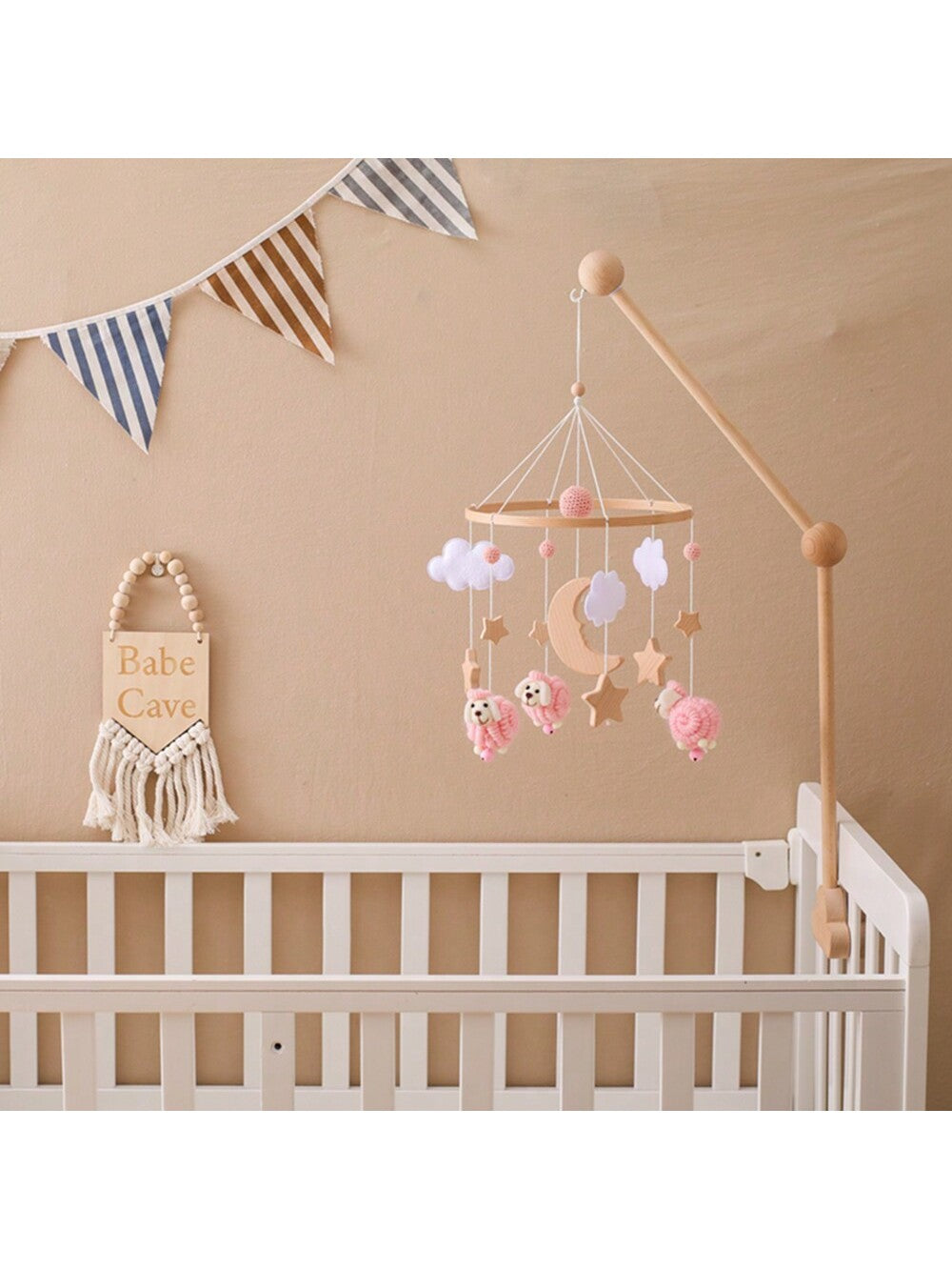 1pc Baby Pink Sheep & Stars Mobile For Crib, Nordic Style Baby Room Decorative Wooden Mobile To Prevent Myopia & Improve Hand-Eye Coordination, Suitable For Baby Room Decoration