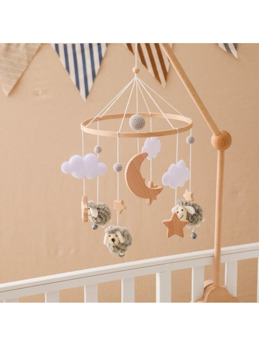 1pc Baby Pink Sheep & Stars Mobile For Crib, Nordic Style Baby Room Decorative Wooden Mobile To Prevent Myopia & Improve Hand-Eye Coordination, Suitable For Baby Room Decoration