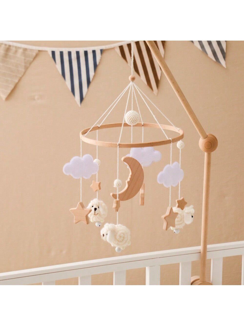1pc Baby Pink Sheep & Stars Mobile For Crib, Nordic Style Baby Room Decorative Wooden Mobile To Prevent Myopia & Improve Hand-Eye Coordination, Suitable For Baby Room Decoration