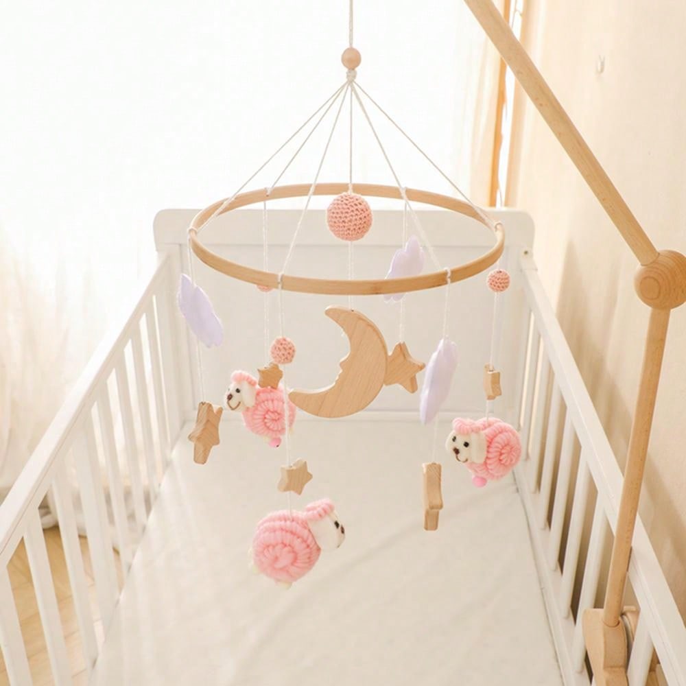 1pc Baby Pink Sheep & Stars Mobile For Crib, Nordic Style Baby Room Decorative Wooden Mobile To Prevent Myopia & Improve Hand-Eye Coordination, Suitable For Baby Room Decoration