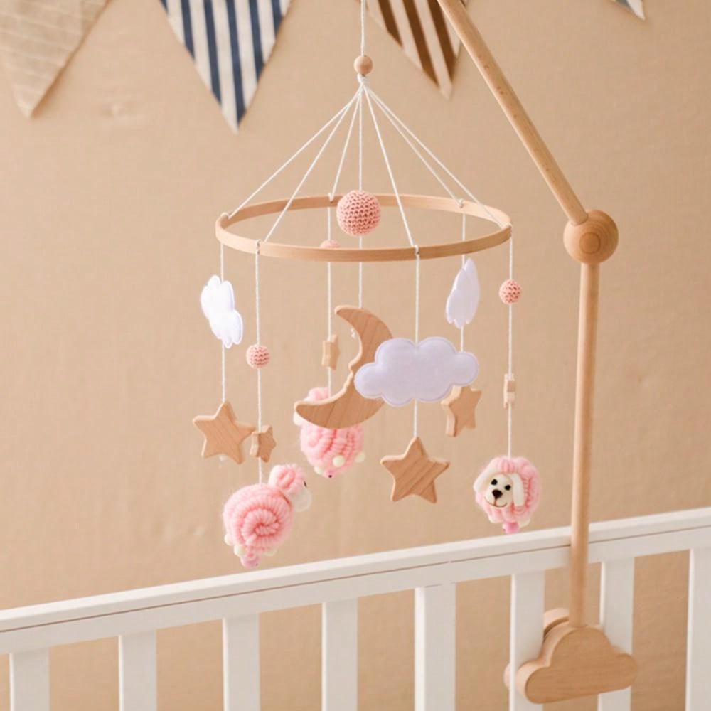 1pc Baby Pink Sheep & Stars Mobile For Crib, Nordic Style Baby Room Decorative Wooden Mobile To Prevent Myopia & Improve Hand-Eye Coordination, Suitable For Baby Room Decoration