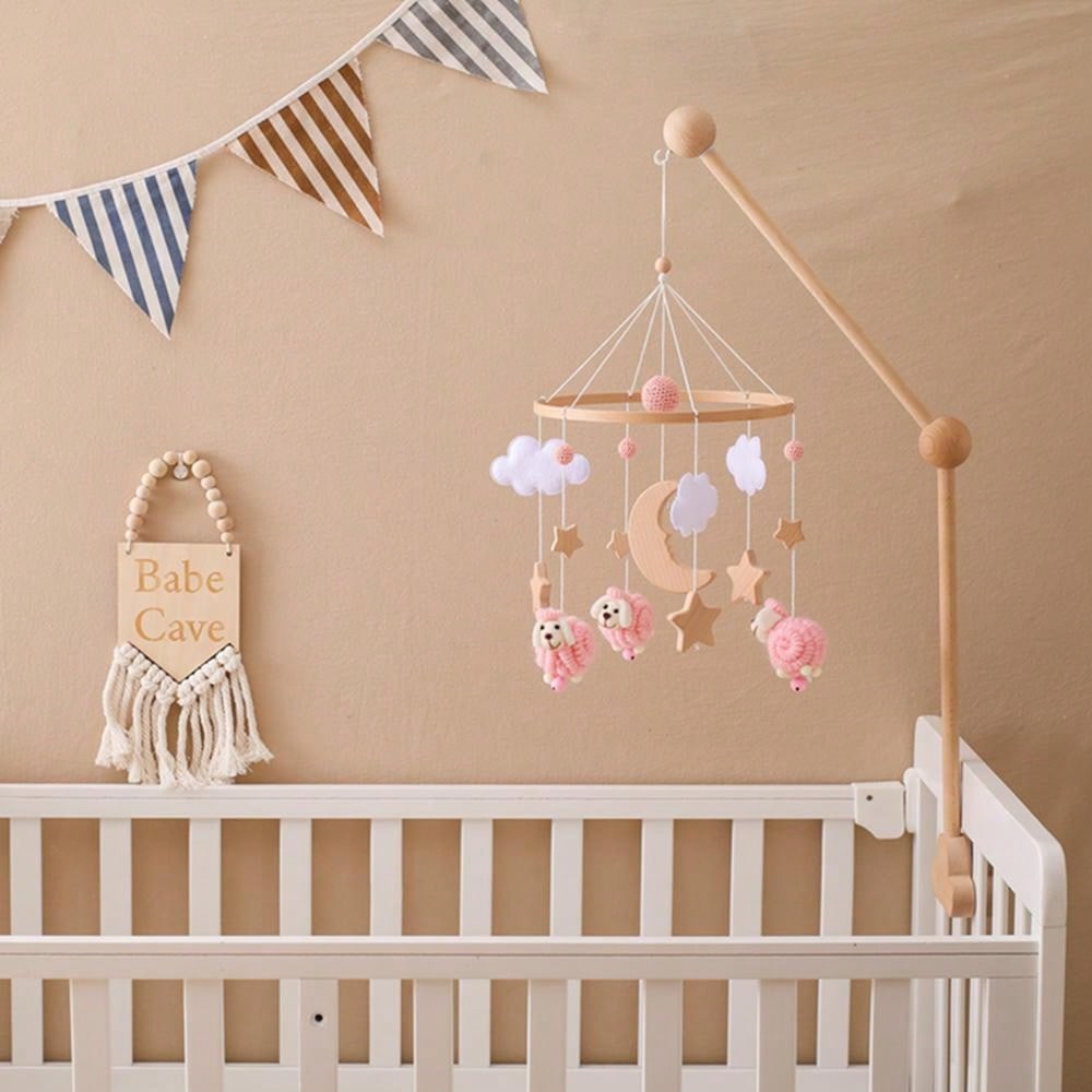 1pc Baby Pink Sheep & Stars Mobile For Crib, Nordic Style Baby Room Decorative Wooden Mobile To Prevent Myopia & Improve Hand-Eye Coordination, Suitable For Baby Room Decoration