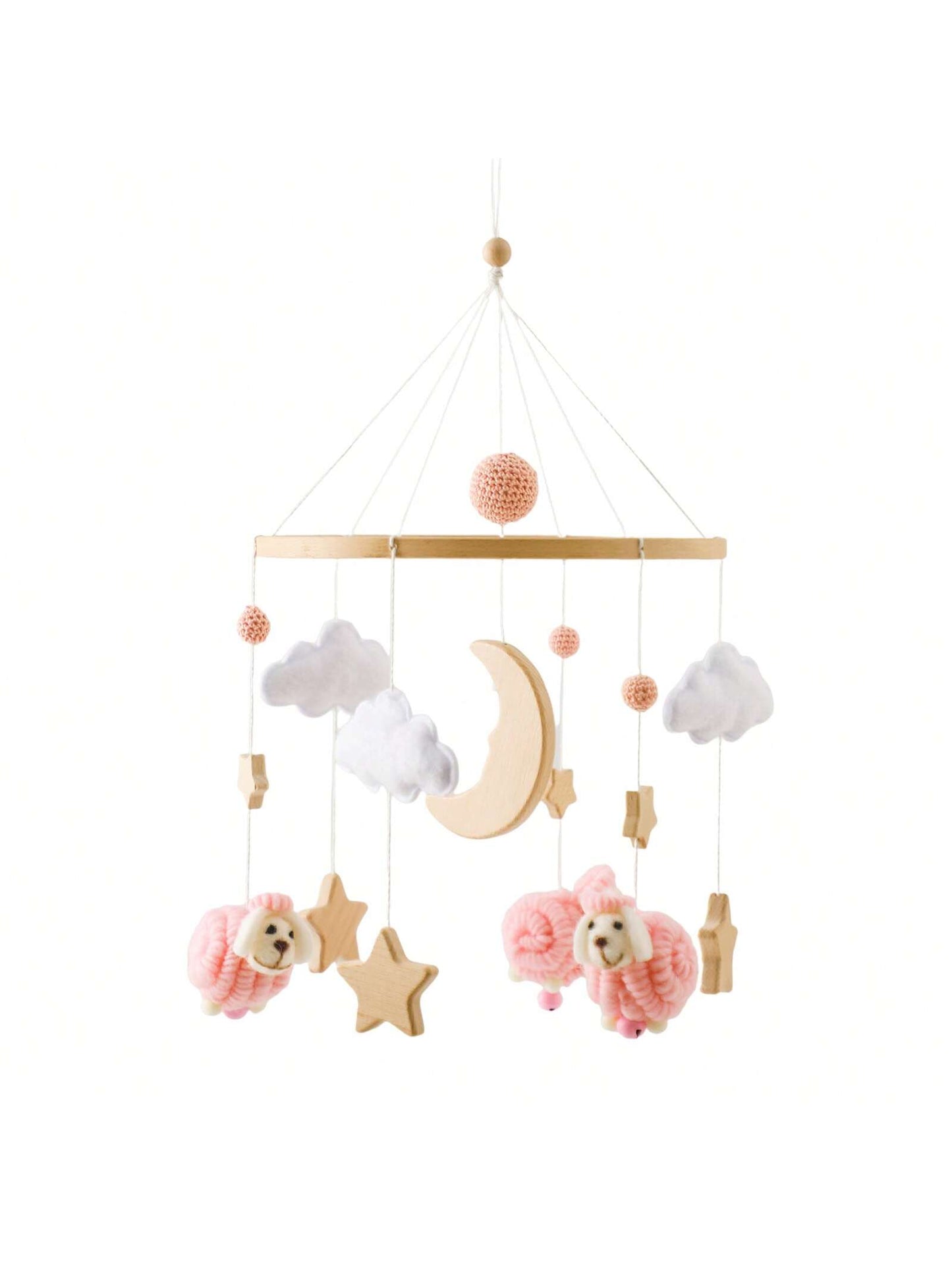 1pc Baby Pink Sheep & Stars Mobile For Crib, Nordic Style Baby Room Decorative Wooden Mobile To Prevent Myopia & Improve Hand-Eye Coordination, Suitable For Baby Room Decoration