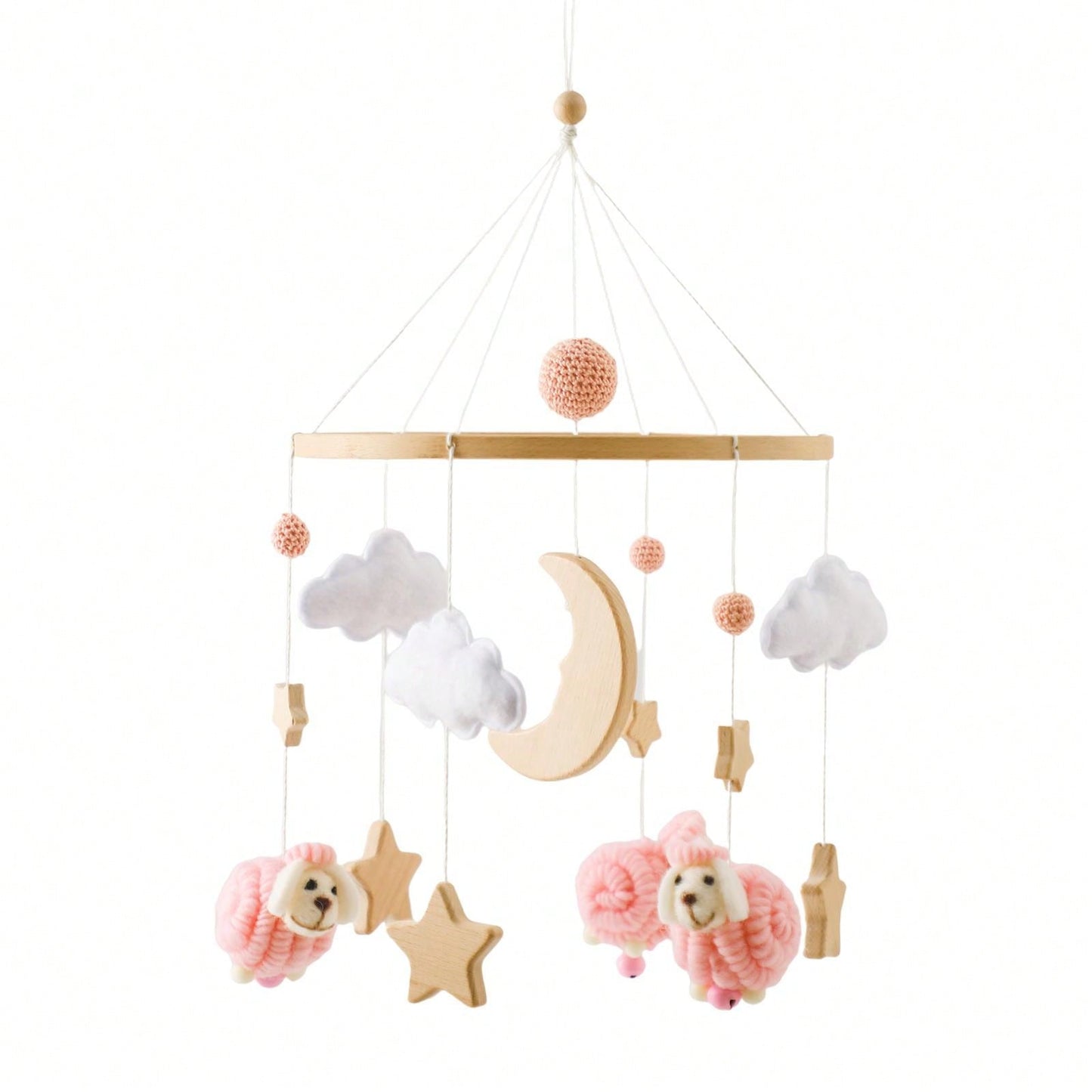 1pc Baby Pink Sheep & Stars Mobile For Crib, Nordic Style Baby Room Decorative Wooden Mobile To Prevent Myopia & Improve Hand-Eye Coordination, Suitable For Baby Room Decoration