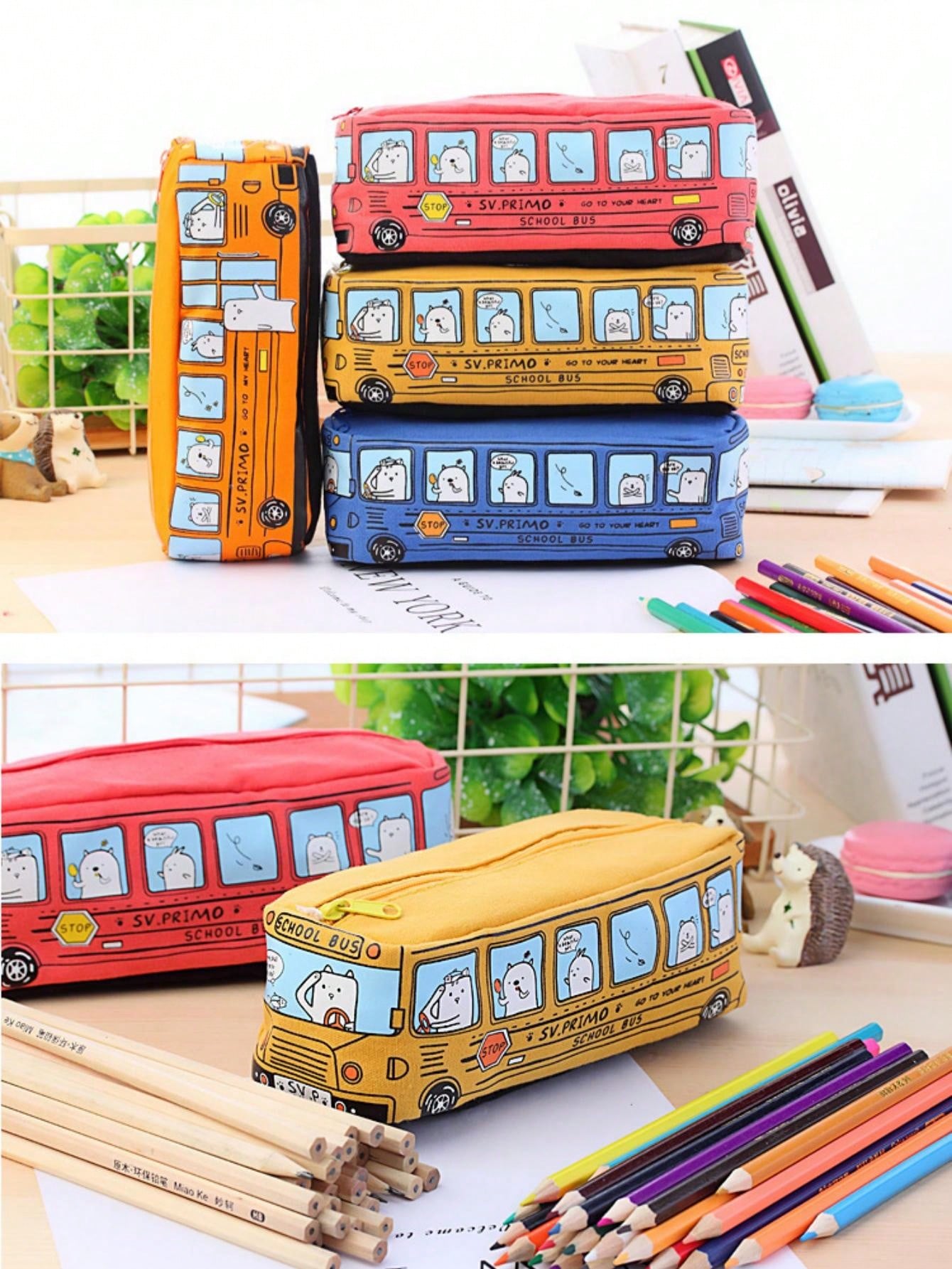 1pc Large Capacity Creative Bus Shaped Pencil Case Stationery Bag, Canvas Cute Cartoon School Bus Pen Holder, Suitable For School Students' Lightweight Learning Supplies, Desk Desktop Storage Tool