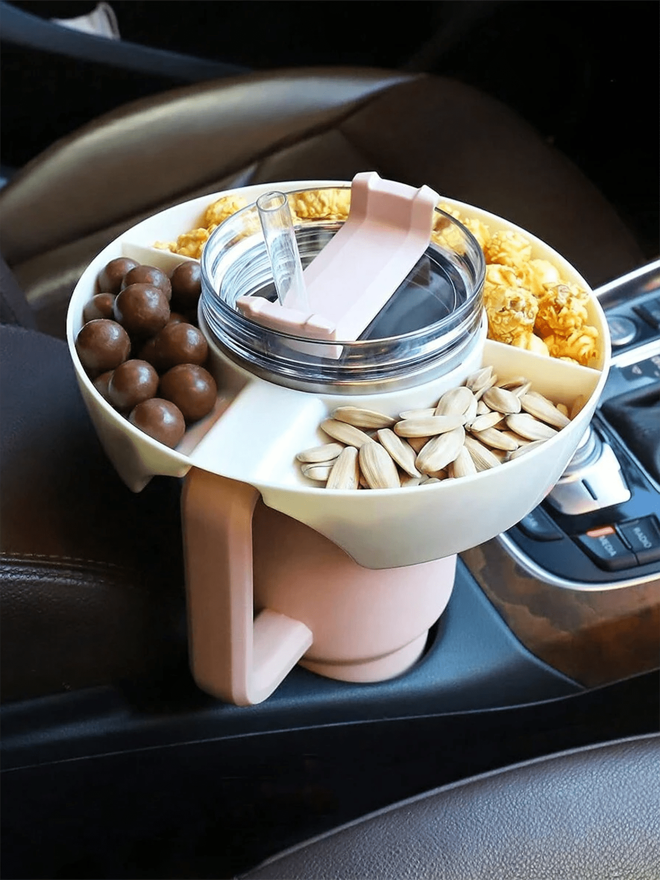 1pc Cup Holder Snack Tray, Easy To Assemble, Suitable For Reusable Snack Containers In The Accessories, With 3 Compartments, Compatible With Flat Cup Holders