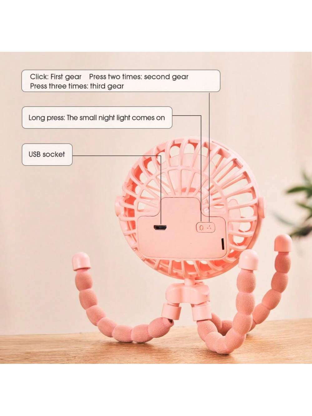 1pc Baby Stroller Fan, Usb Rechargeable Mini Desk Fan With Clip, Portable Octopus Handheld Fan For Outdoor & Indoor Use, Led Night Light Function