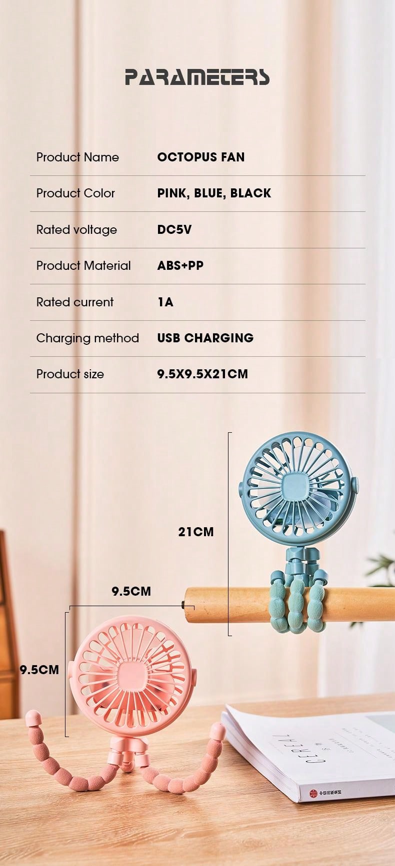 1pc Baby Stroller Fan, Usb Rechargeable Mini Desk Fan With Clip, Portable Octopus Handheld Fan For Outdoor & Indoor Use, Led Night Light Function