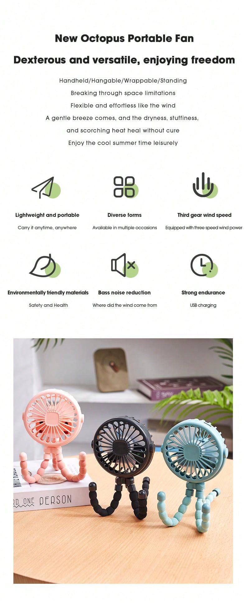 1pc Baby Stroller Fan, Usb Rechargeable Mini Desk Fan With Clip, Portable Octopus Handheld Fan For Outdoor & Indoor Use, Led Night Light Function