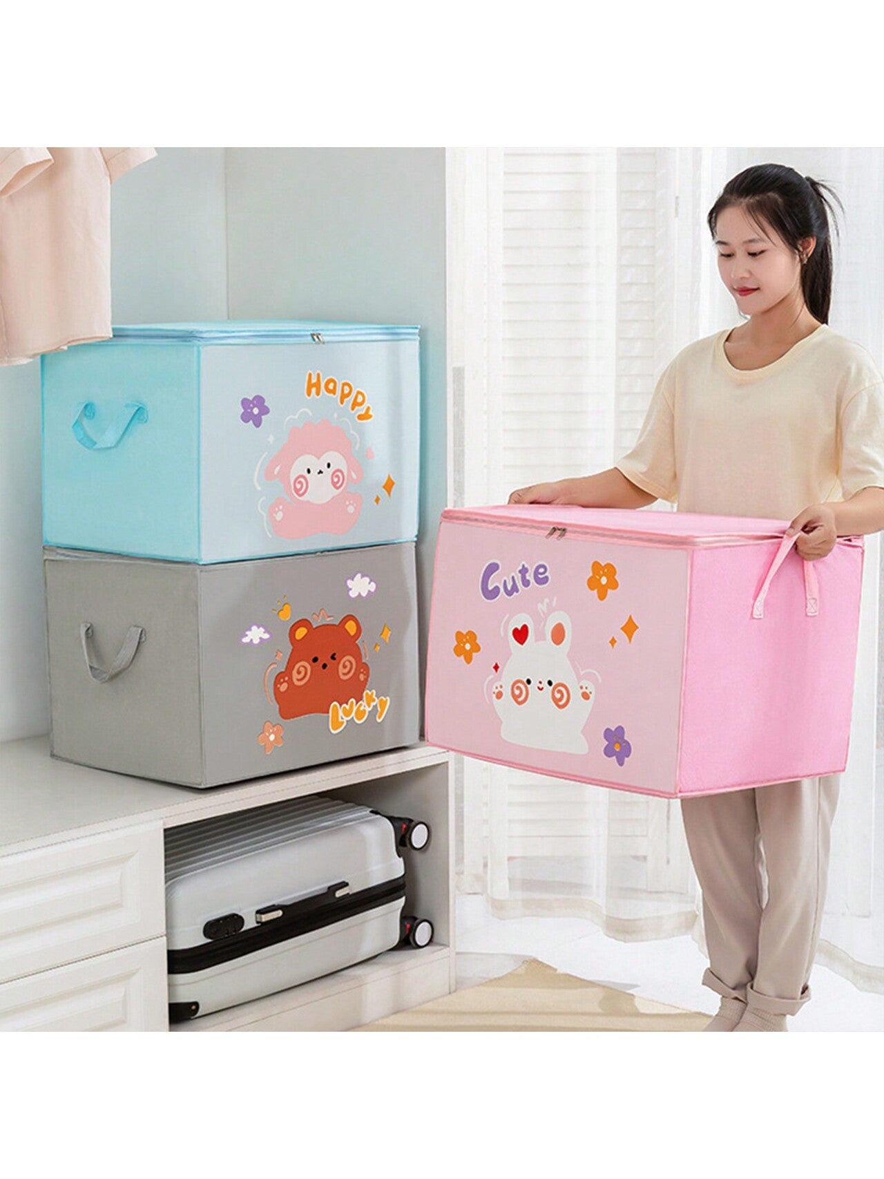 1pc Large Capacity Cartoon Storage Bag With Zipper Closure, Moisture-Proof Fabric Perfect For Storing Clothes And Quilts