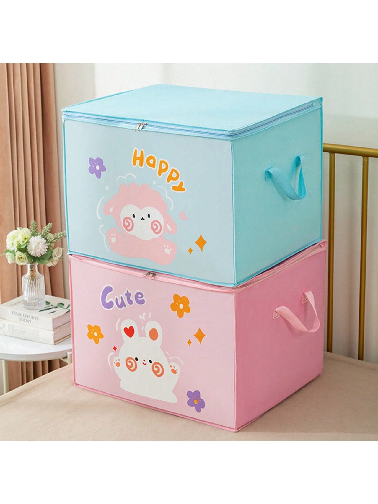 1pc Large Capacity Cartoon Storage Bag With Zipper Closure, Moisture-Proof Fabric Perfect For Storing Clothes And Quilts