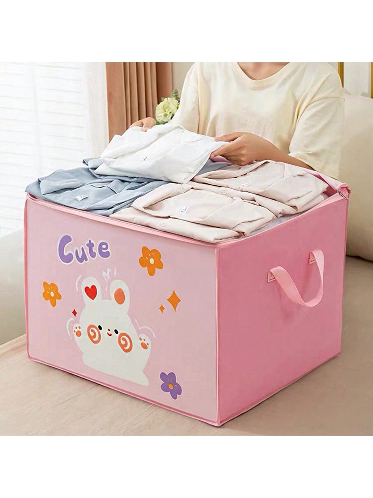 1pc Large Capacity Cartoon Storage Bag With Zipper Closure, Moisture-Proof Fabric Perfect For Storing Clothes And Quilts