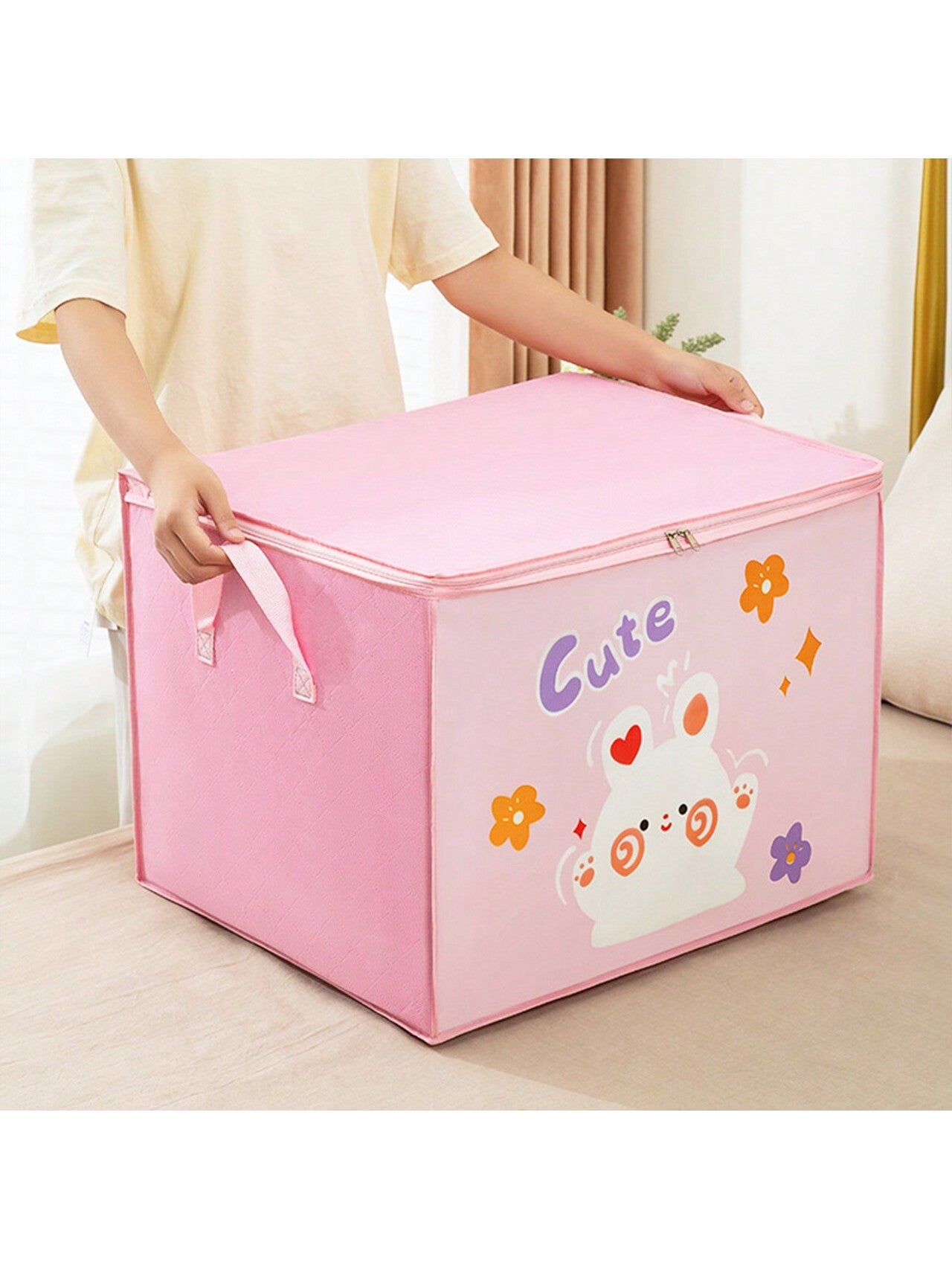 1pc Large Capacity Cartoon Storage Bag With Zipper Closure, Moisture-Proof Fabric Perfect For Storing Clothes And Quilts