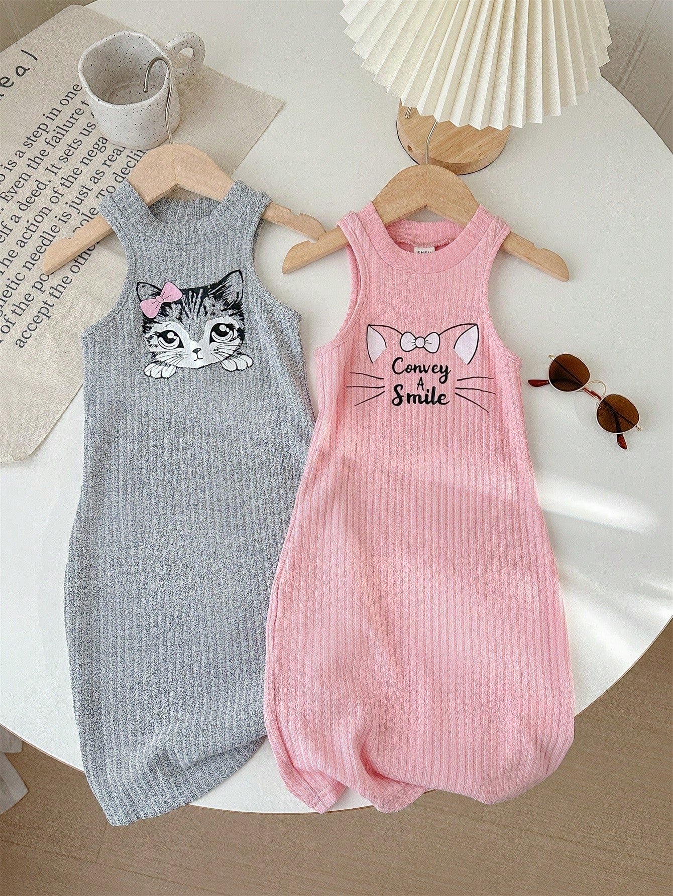Young Girl's Lovely Cat Printed Sleeveless Casual Two-Piece Dress Set