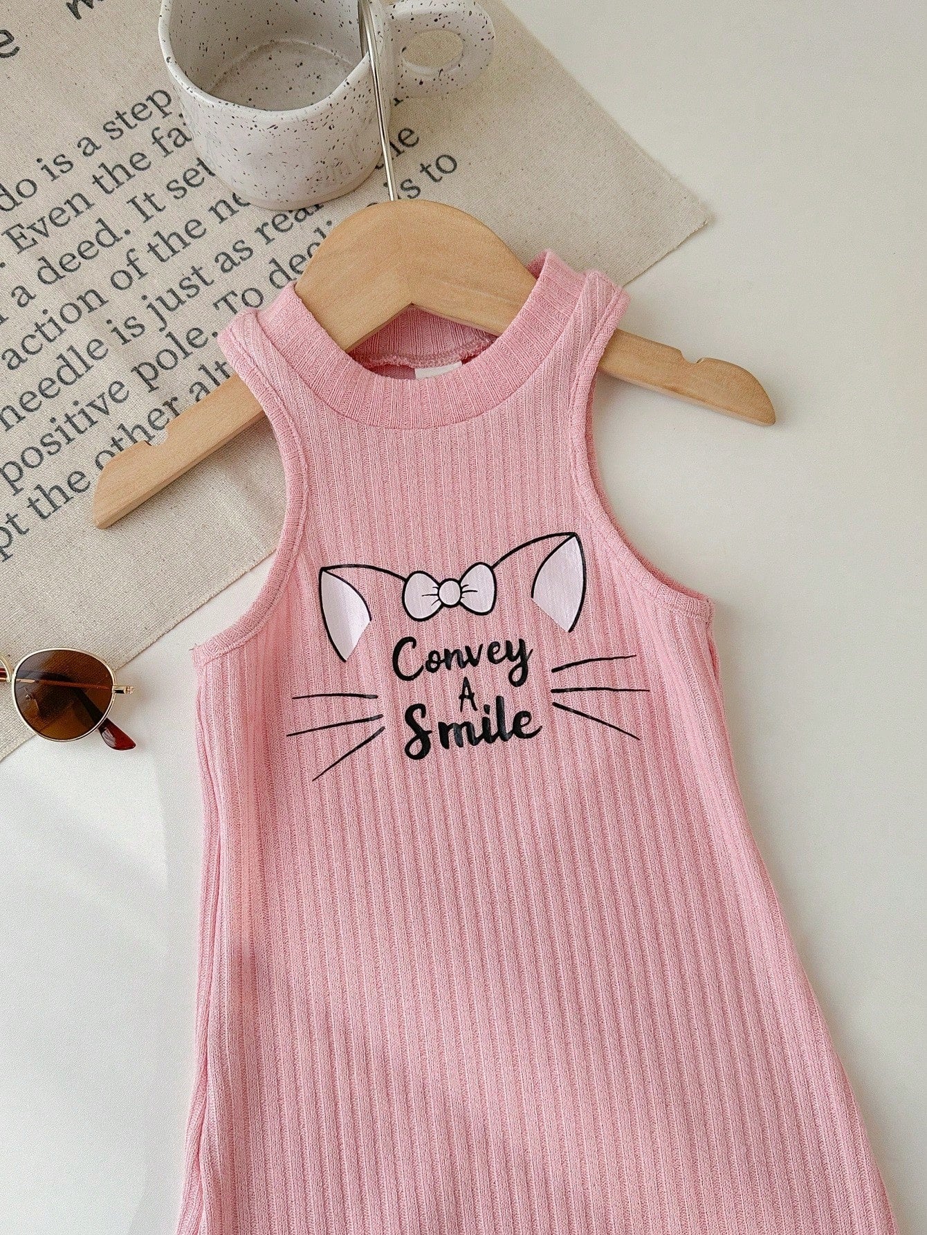 Young Girl's Lovely Cat Printed Sleeveless Casual Two-Piece Dress Set