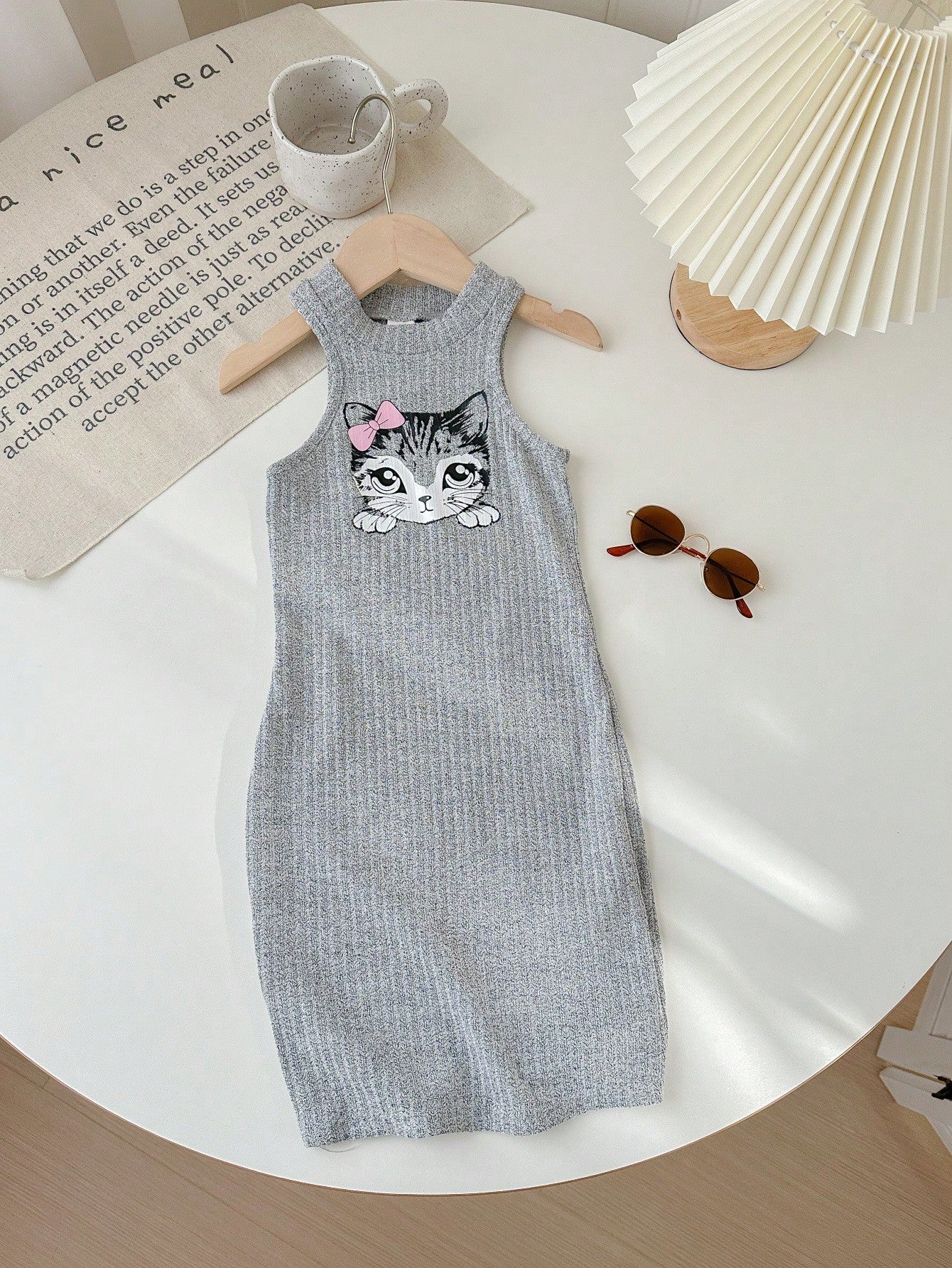 Young Girl's Lovely Cat Printed Sleeveless Casual Two-Piece Dress Set