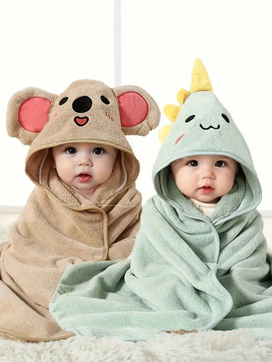 2pcs/Set Baby Animal Swaddle Blanket, Bath Towel, Bathrobe Made Of Polyester Fiber, Strong Water Absorption, Quick Drying, Baby Bathroom Accessories
