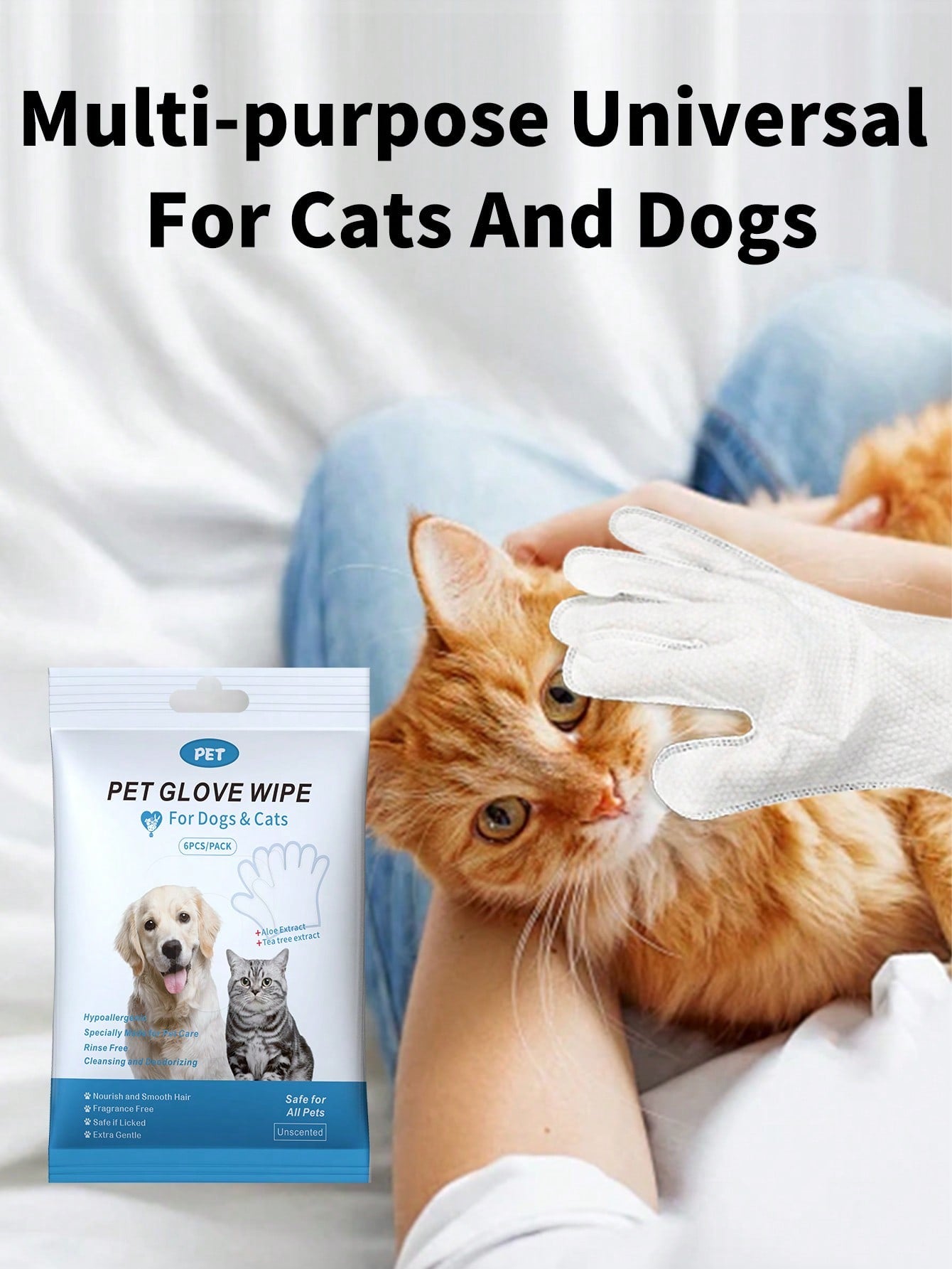 6pcs Ultra Thick Pet Glove Wipes For Dogs And Cats Cleaning & Deodorizing For Fur Paws Face Ears Mouth Butt And Whole Body, Effectively Bacteriostatic To Keep Healthy, Wash-Free Dogs&Cats Grooming Gloves, No Rinse Gentle Care On Pets' Sensitive Skin, Nou