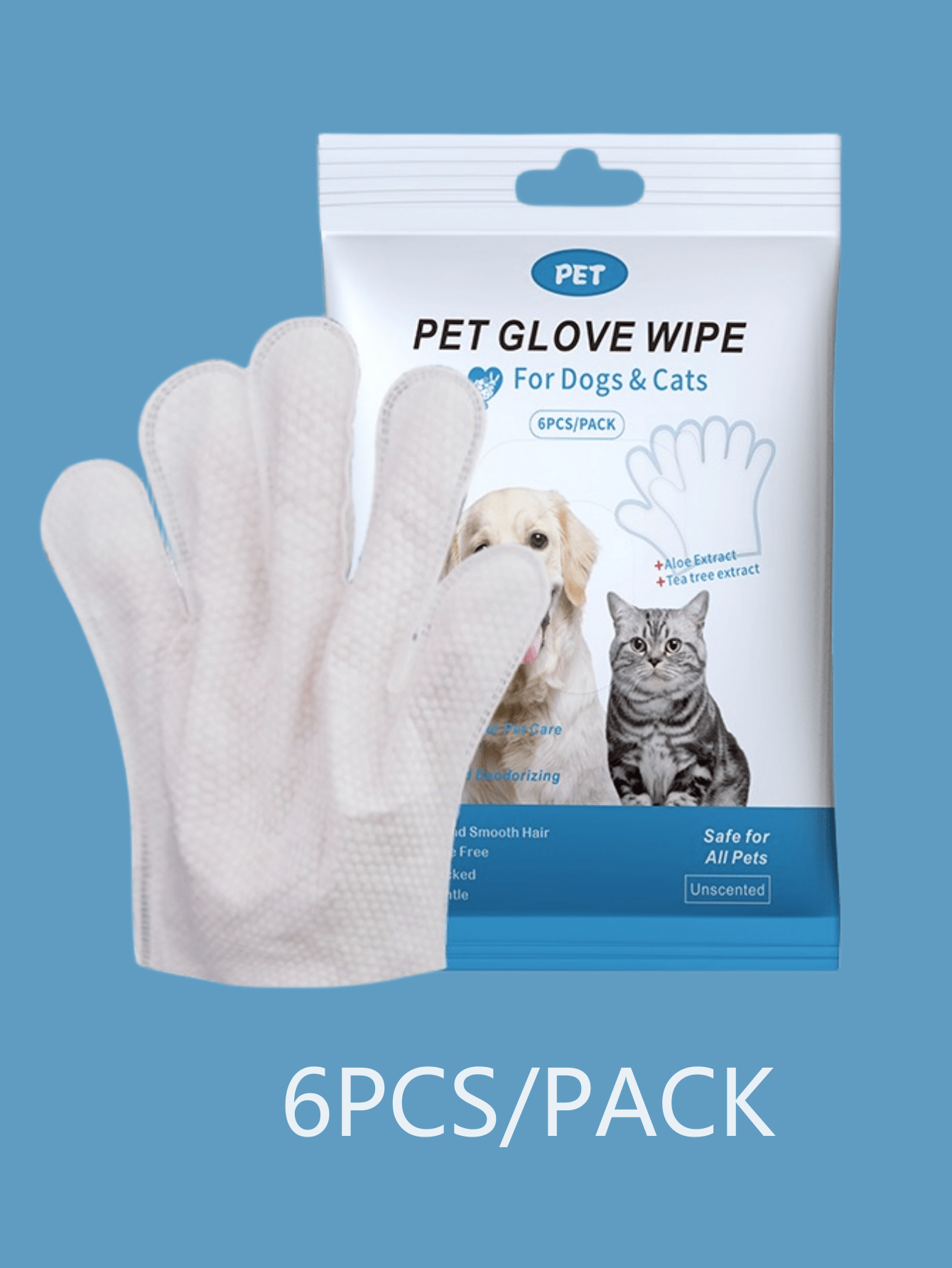 6pcs Ultra Thick Pet Glove Wipes For Dogs And Cats Cleaning & Deodorizing For Fur Paws Face Ears Mouth Butt And Whole Body, Effectively Bacteriostatic To Keep Healthy, Wash-Free Dogs&Cats Grooming Gloves, No Rinse Gentle Care On Pets' Sensitive Skin, Nou