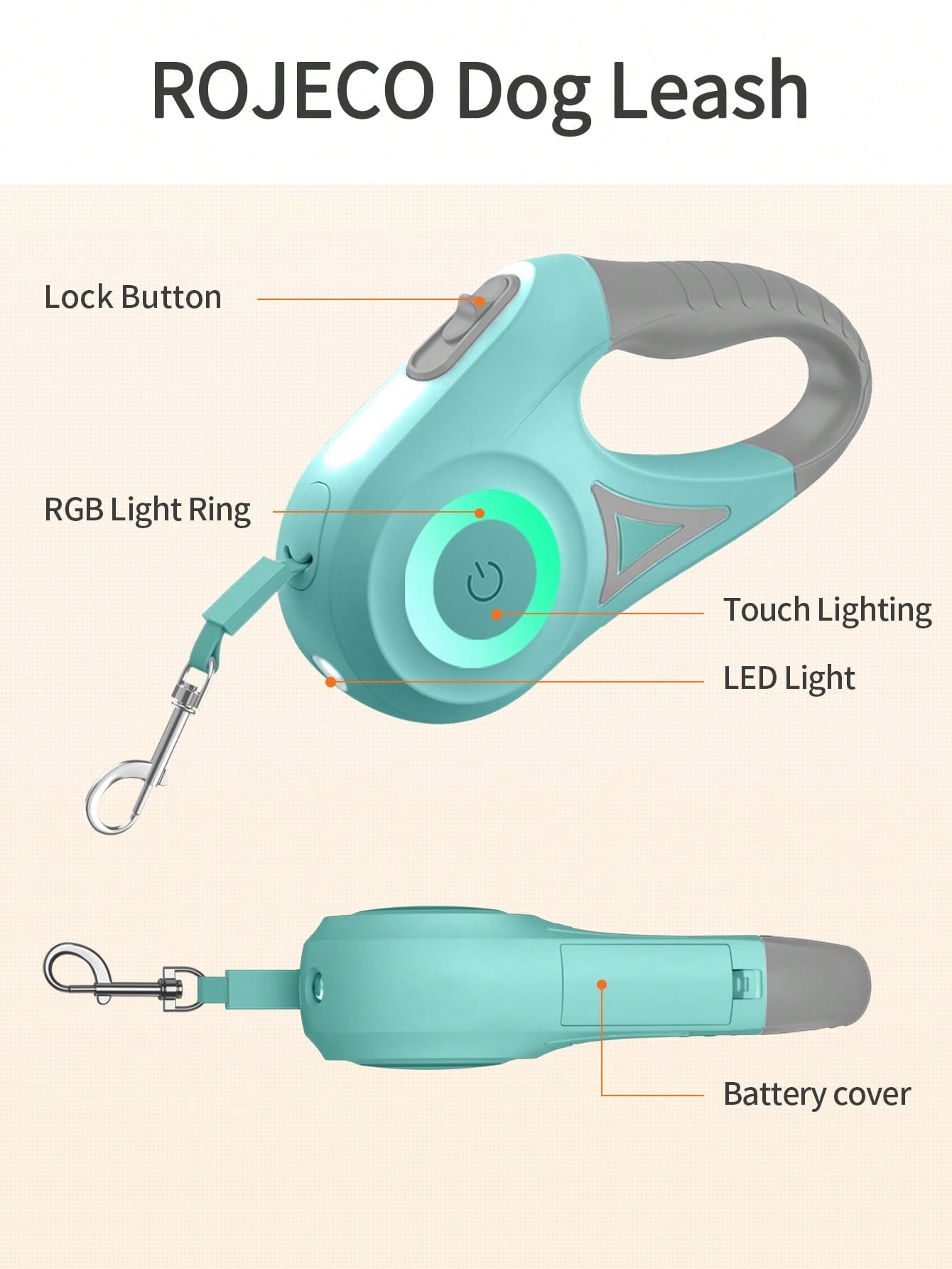 ROJECO 1pc 5m Long Automatic Retractable Pet Leash With Led Light, Ideal For Nighttime Dog Walks. Batteries Are Not Included.