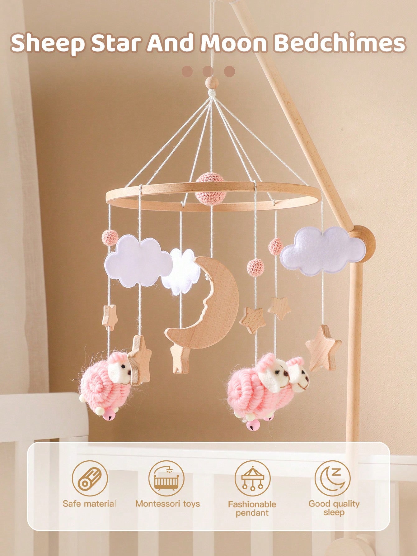 1pc Baby Pink Sheep & Stars Mobile For Crib, Nordic Style Baby Room Decorative Wooden Mobile To Prevent Myopia & Improve Hand-Eye Coordination, Suitable For Baby Room Decoration